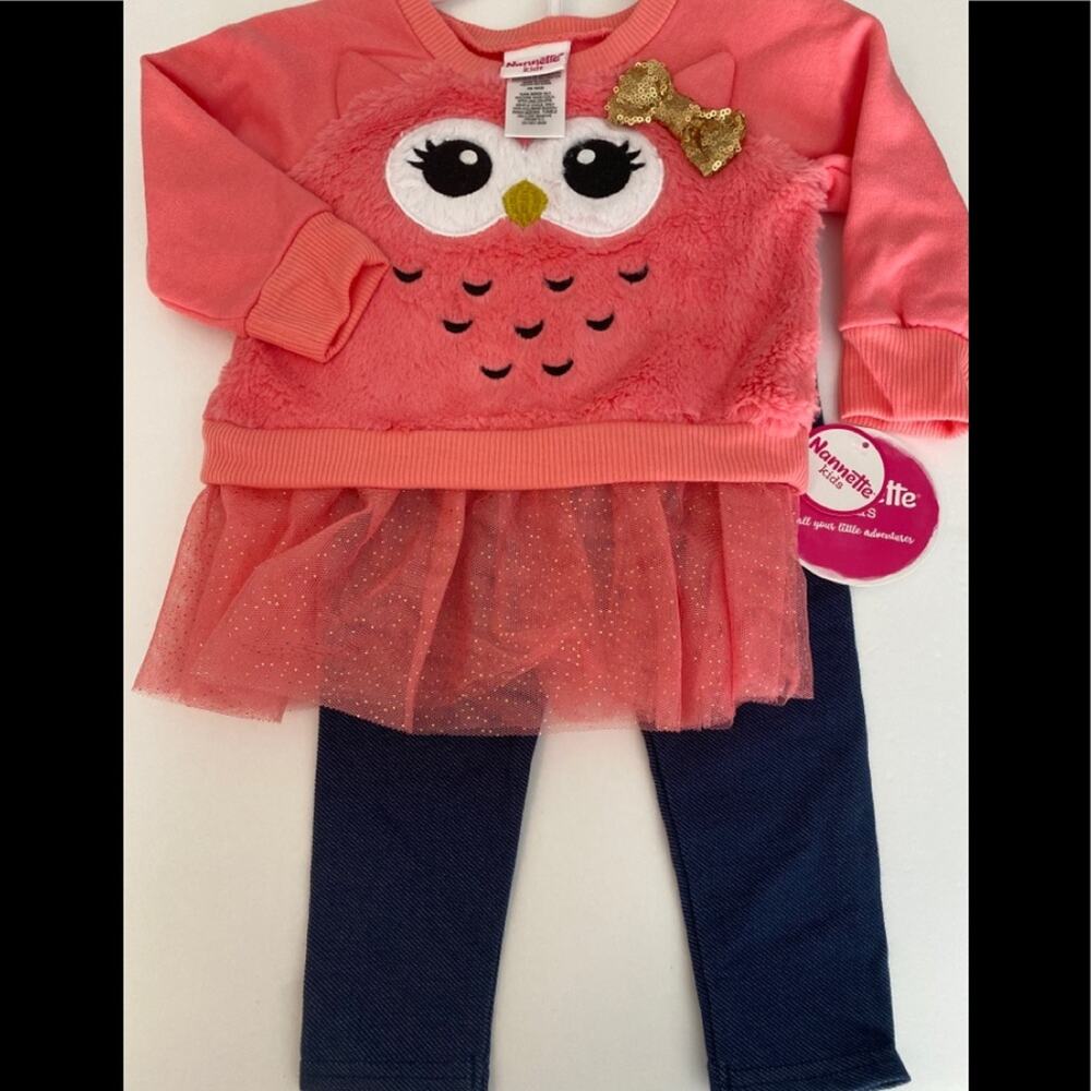 NWT nanette kids owl sequins gold heart two-piece